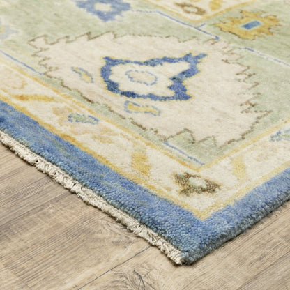 9' X 12' Blue And Green Wool Oriental Hand Knotted Area Rug With Fringe