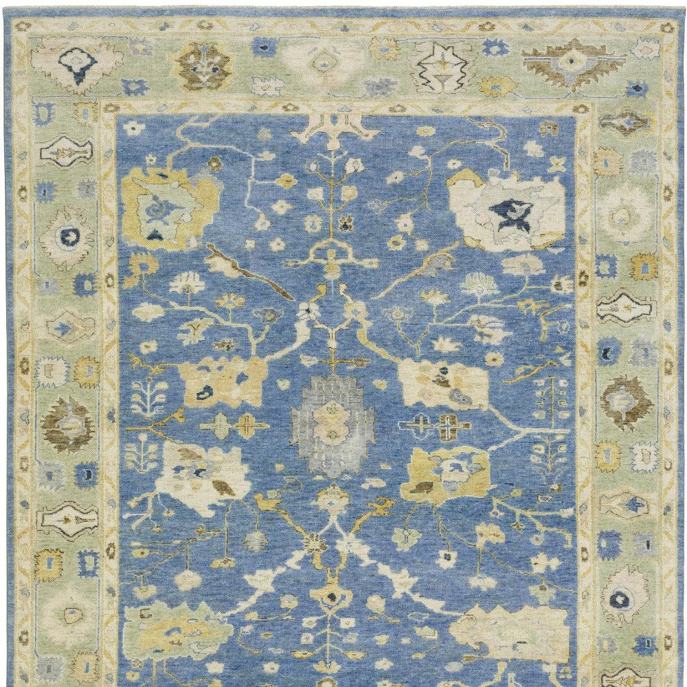 9' X 12' Blue And Green Wool Oriental Hand Knotted Area Rug With Fringe