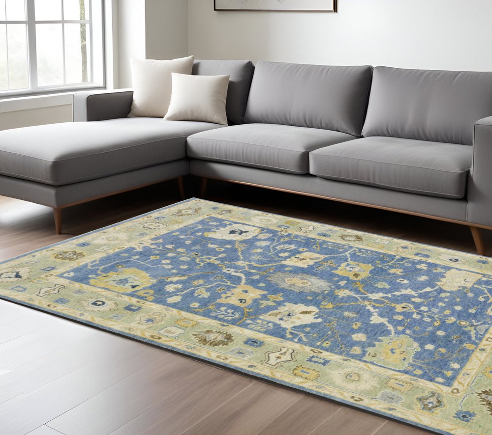9' X 12' Blue And Green Wool Oriental Hand Knotted Area Rug With Fringe