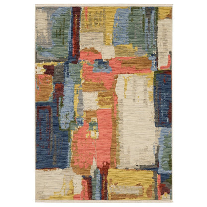 8' X 11' Pink Red And Yellow Abstract Area Rug With Fringe