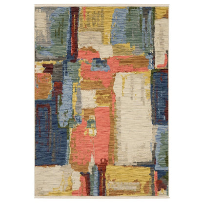 8' X 11' Pink Red And Yellow Abstract Area Rug With Fringe