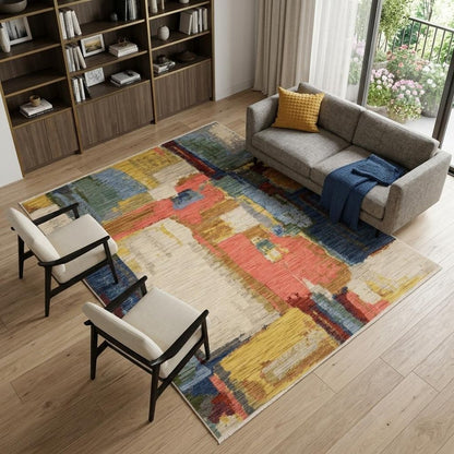 8' X 11' Pink Red And Yellow Abstract Area Rug With Fringe