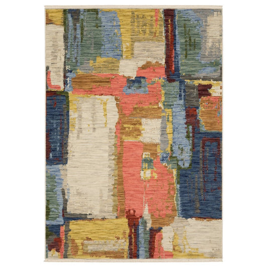 8' X 11' Pink Red And Yellow Abstract Area Rug With Fringe
