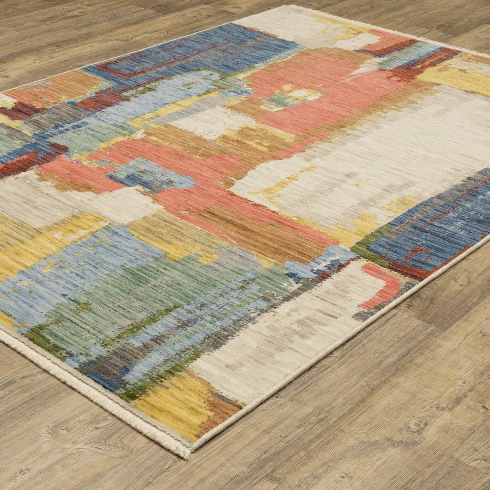 8' X 11' Pink Red And Yellow Abstract Area Rug With Fringe