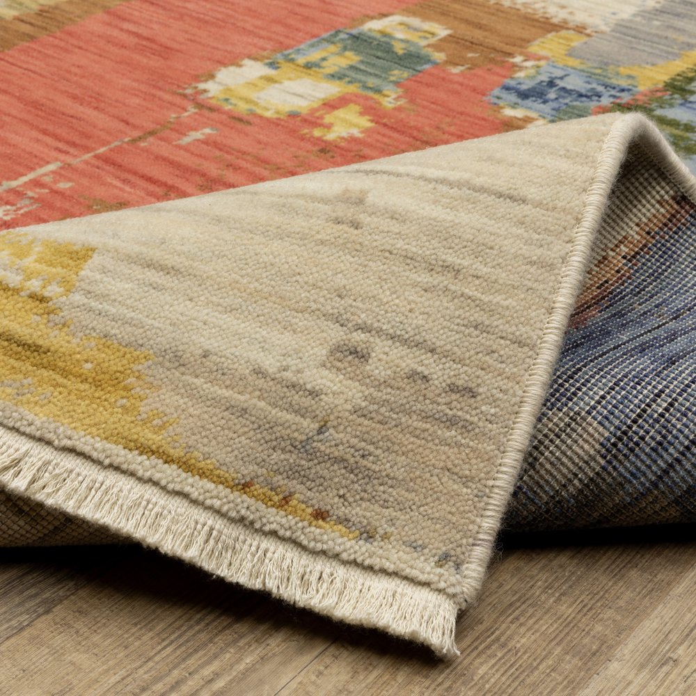 8' X 11' Pink Red And Yellow Abstract Area Rug With Fringe