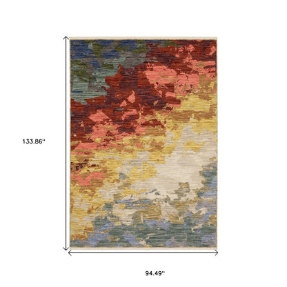 8' X 11' Beige Yellow And Rust Abstract Area Rug With Fringe