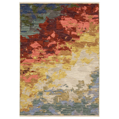 8' X 11' Beige Yellow And Rust Abstract Area Rug With Fringe