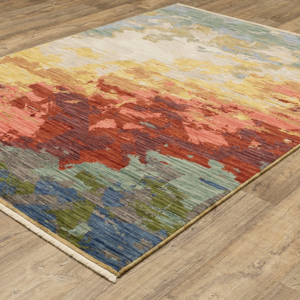 8' X 11' Beige Yellow And Rust Abstract Area Rug With Fringe