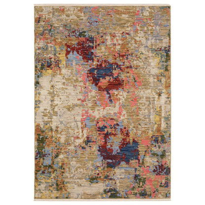 8' X 11' Beige Salmon And Tan Abstract Area Rug With Fringe