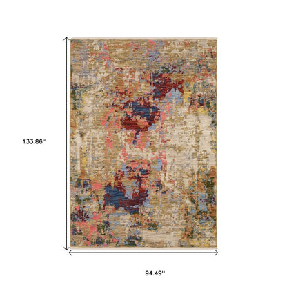 8' X 11' Beige Salmon And Tan Abstract Area Rug With Fringe