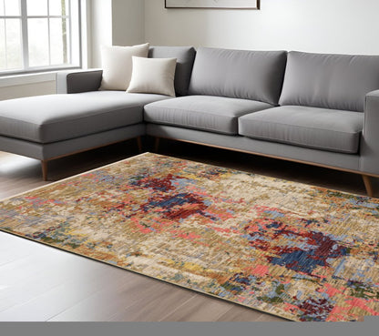 8' X 11' Beige Salmon And Tan Abstract Area Rug With Fringe