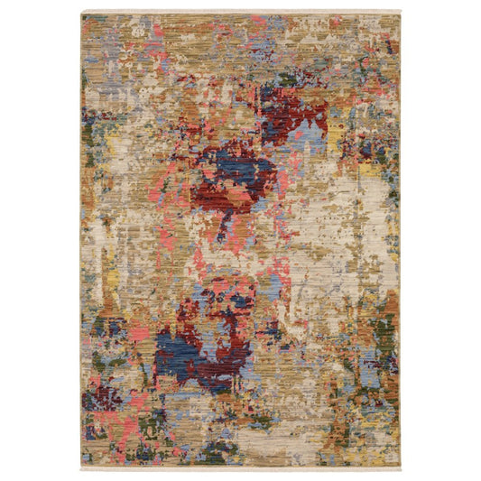 8' X 11' Beige Salmon And Tan Abstract Area Rug With Fringe