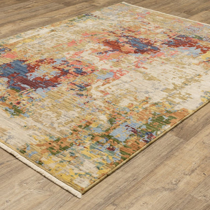 8' X 11' Beige Salmon And Tan Abstract Area Rug With Fringe
