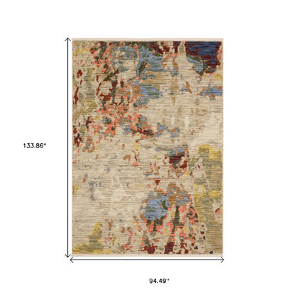 8' X 11' Beige Salmon And Tan Abstract Area Rug With Fringe