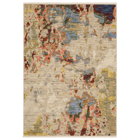 8' X 11' Beige Salmon And Tan Abstract Area Rug With Fringe