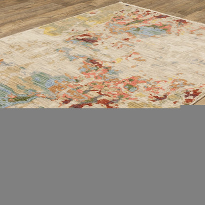 8' X 11' Beige Salmon And Tan Abstract Area Rug With Fringe