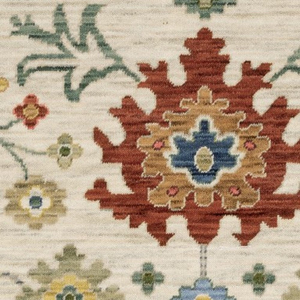 8' X 11' Ivory Red And Blue Oriental Area Rug With Fringe