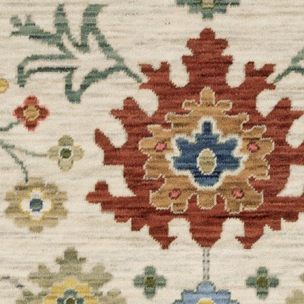 8' X 11' Ivory Red And Blue Oriental Area Rug With Fringe