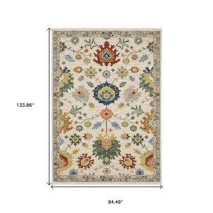 8' X 11' Ivory Red And Blue Oriental Area Rug With Fringe