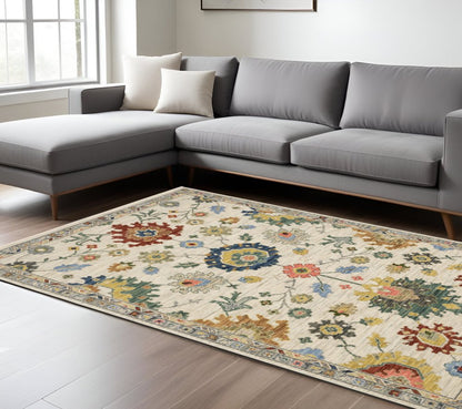 8' X 11' Ivory Red And Blue Oriental Area Rug With Fringe