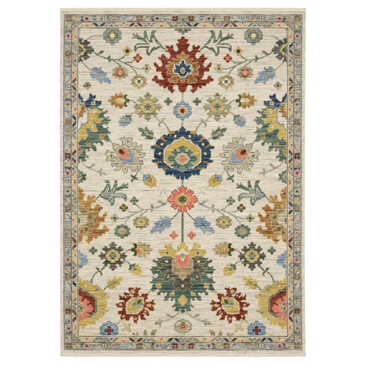 8' X 11' Ivory Red And Blue Oriental Area Rug With Fringe