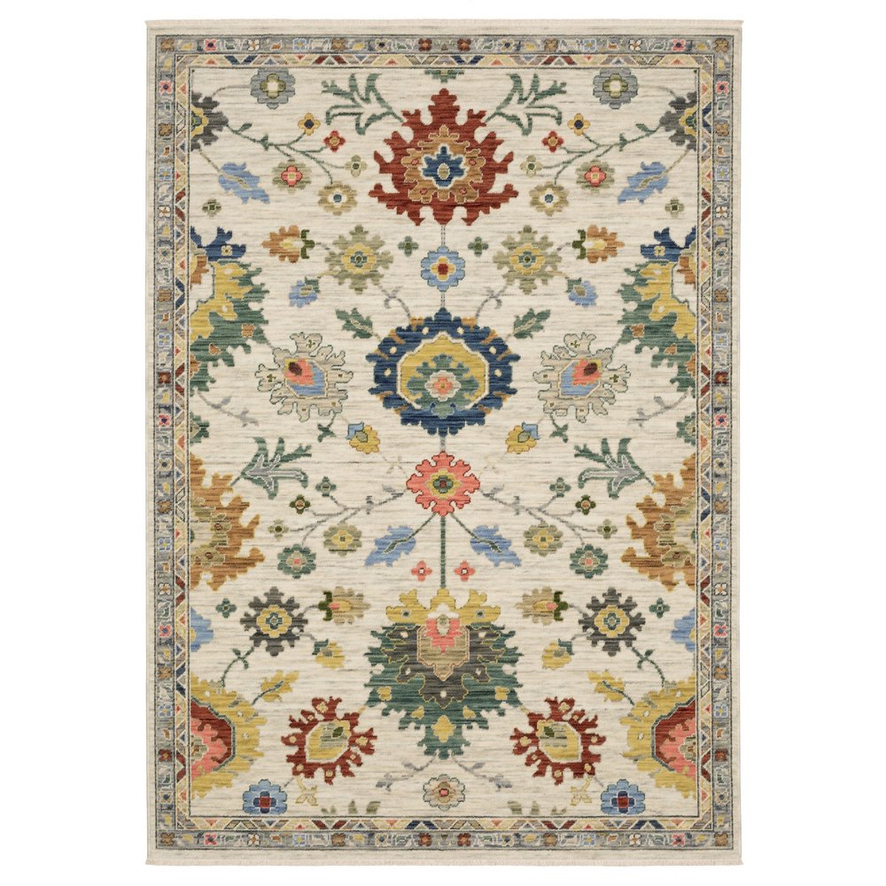8' X 11' Ivory Red And Blue Oriental Area Rug With Fringe