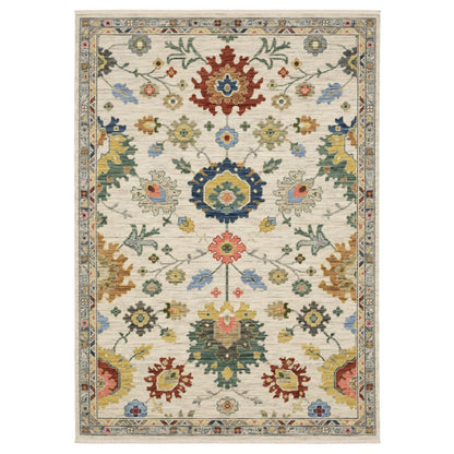 8' X 11' Ivory Red And Blue Oriental Area Rug With Fringe
