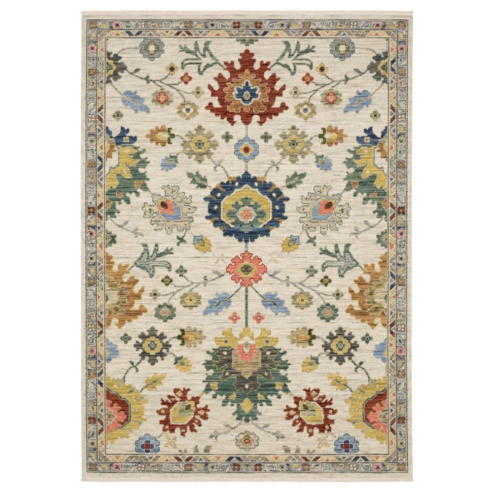 8' X 11' Ivory Red And Blue Oriental Area Rug With Fringe