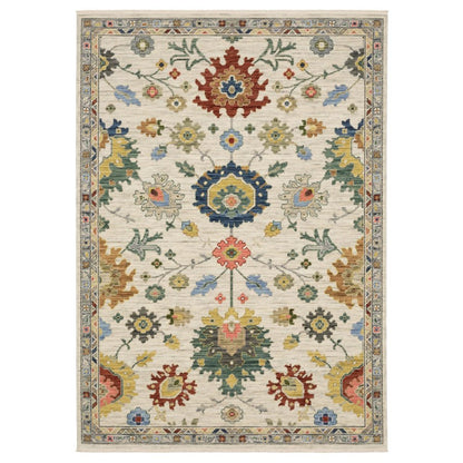 8' X 11' Ivory Red And Blue Oriental Area Rug With Fringe