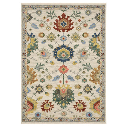 8' X 11' Ivory Red And Blue Oriental Area Rug With Fringe