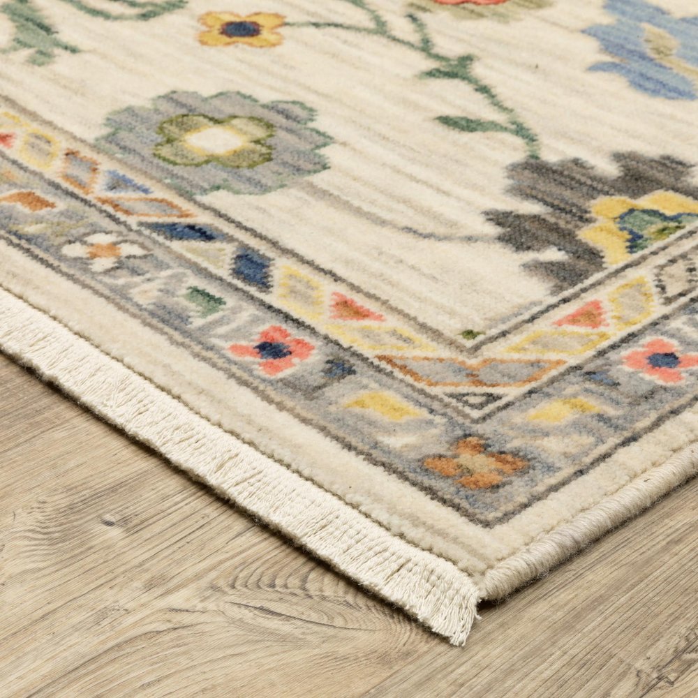 8' X 11' Ivory Red And Blue Oriental Area Rug With Fringe