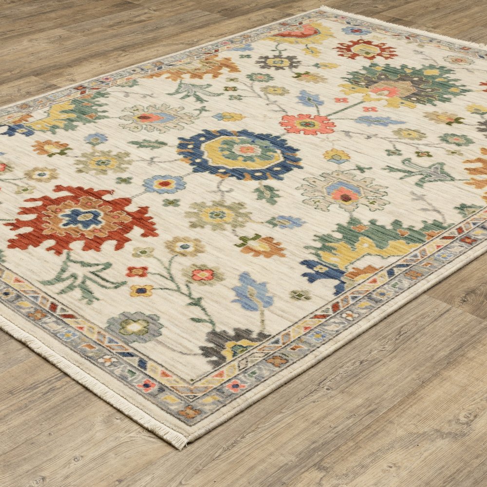 8' X 11' Ivory Red And Blue Oriental Area Rug With Fringe
