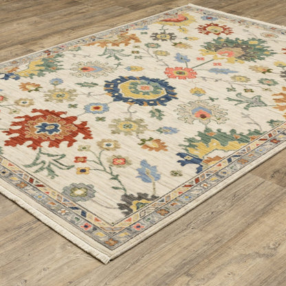 8' X 11' Ivory Red And Blue Oriental Area Rug With Fringe