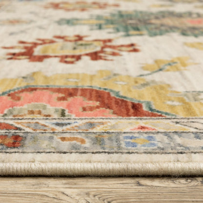 8' X 11' Ivory Red And Blue Oriental Area Rug With Fringe