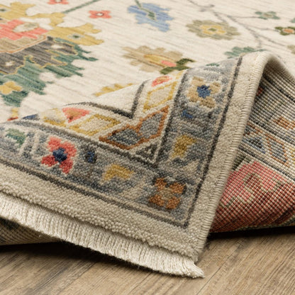 8' X 11' Ivory Red And Blue Oriental Area Rug With Fringe