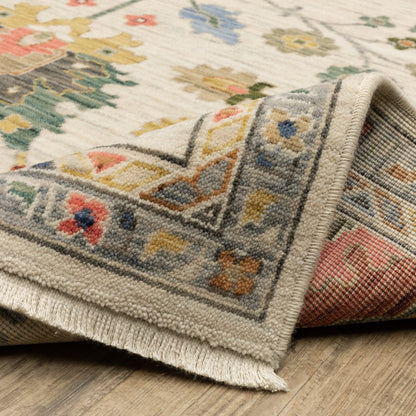 8' X 11' Ivory Red And Blue Oriental Area Rug With Fringe