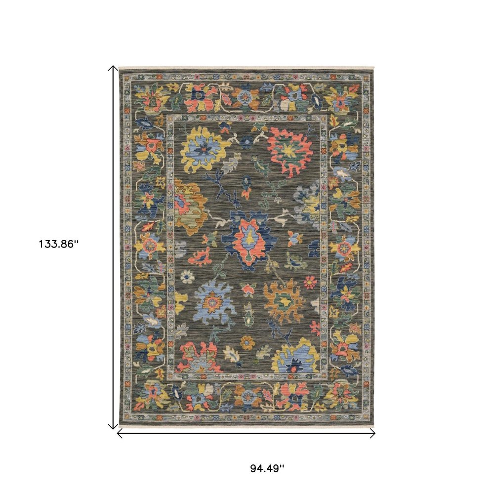 8' X 11' Gray Yellow And Orange Oriental Area Rug With Fringe