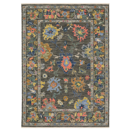 8' X 11' Gray Yellow And Orange Oriental Area Rug With Fringe