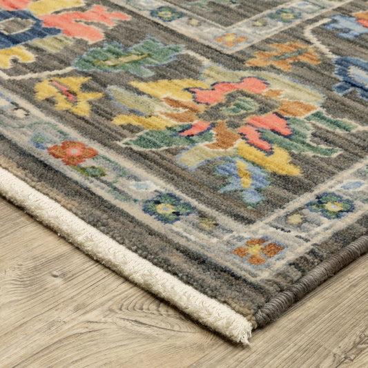 8' X 11' Gray Yellow And Orange Oriental Area Rug With Fringe