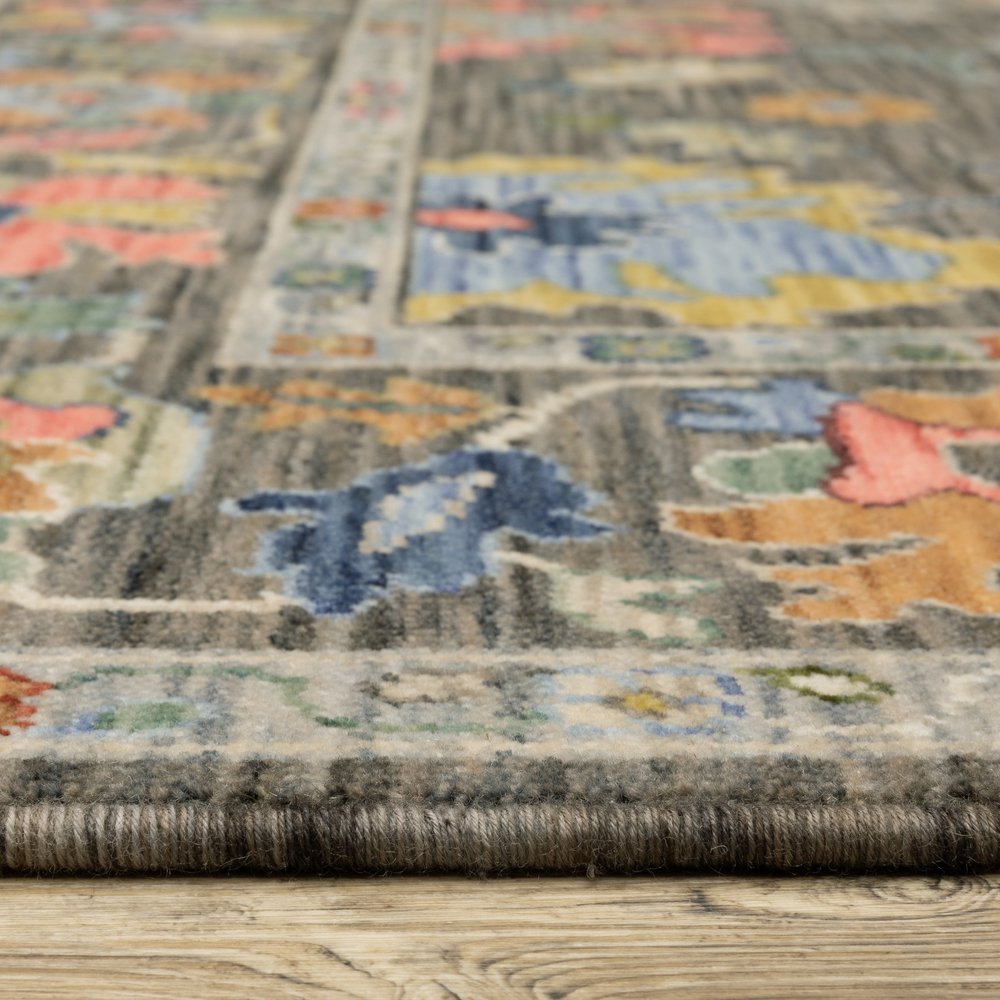 8' X 11' Gray Yellow And Orange Oriental Area Rug With Fringe