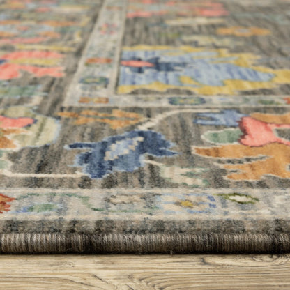 8' X 11' Gray Yellow And Orange Oriental Area Rug With Fringe