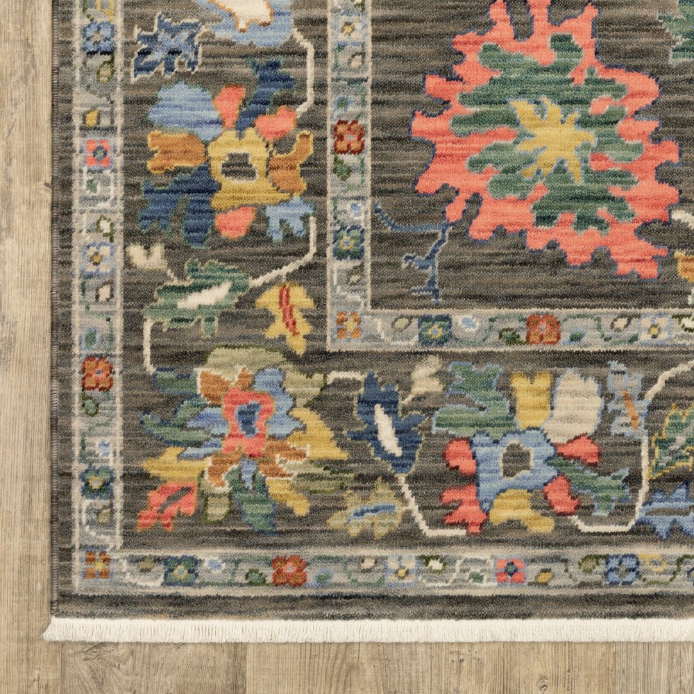 8' X 11' Gray Yellow And Orange Oriental Area Rug With Fringe