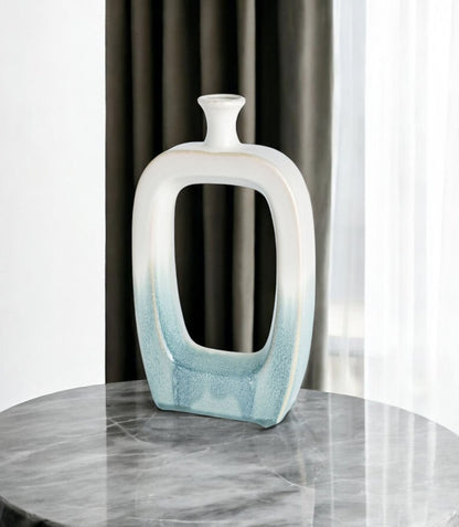 14" Aqua And White Ombre Ceramic Table Vase