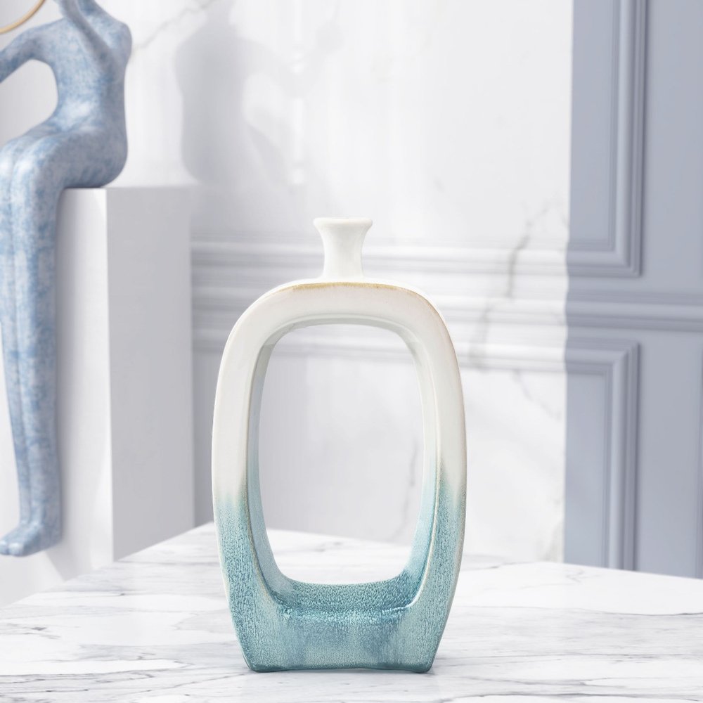 14" Aqua And White Ombre Ceramic Table Vase