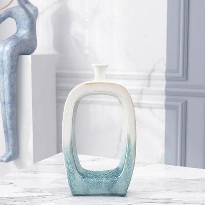 14" Aqua And White Ombre Ceramic Table Vase
