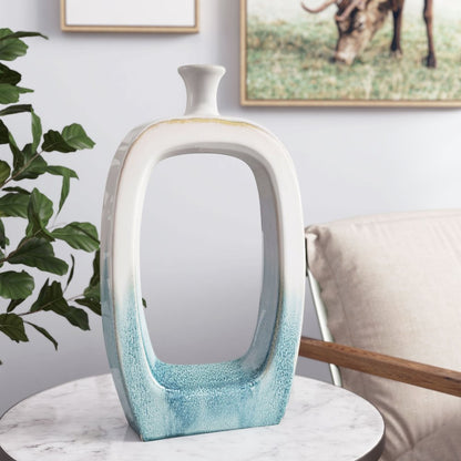18" Aqua And White Ombre Ceramic Table Vase