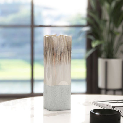 12" Brown Light Blue And Off White Color Block Square Ceramic Table Vase