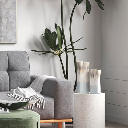 12" Brown Light Blue And Off White Color Block Square Ceramic Table Vase