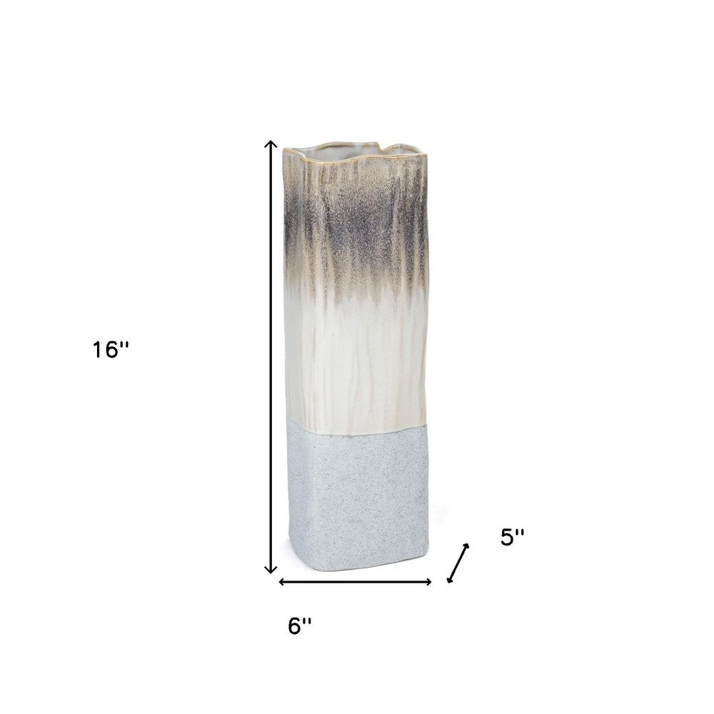 16" Brown Light Blue And Off White Color Block Square Ceramic Table Vase