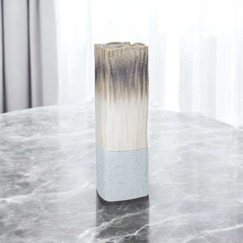 16" Brown Light Blue And Off White Color Block Square Ceramic Table Vase